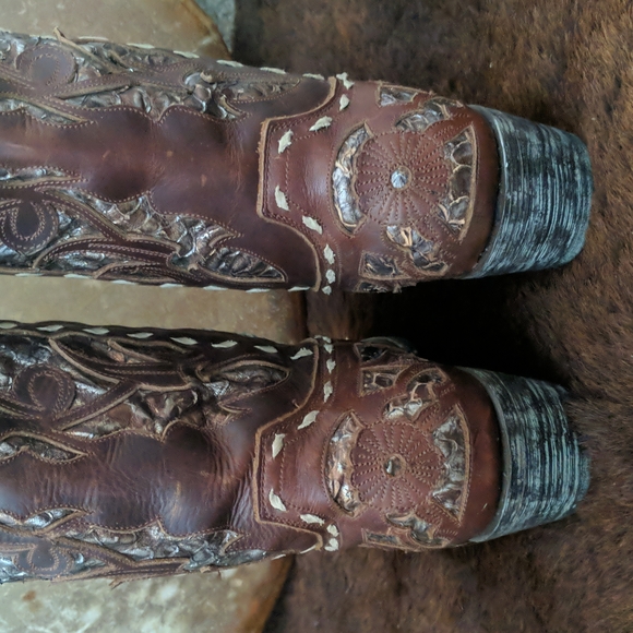 LANE "Poison" floral Chestnut brown & metallic snakeskin underlay cowgirl boots - Picture 12 of 16